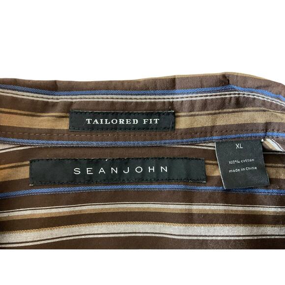 Sean John Men's XL Brown Tan Blue Shirt Striped Long Sleeve Tailored Fit Fall - Picture 3 of 9